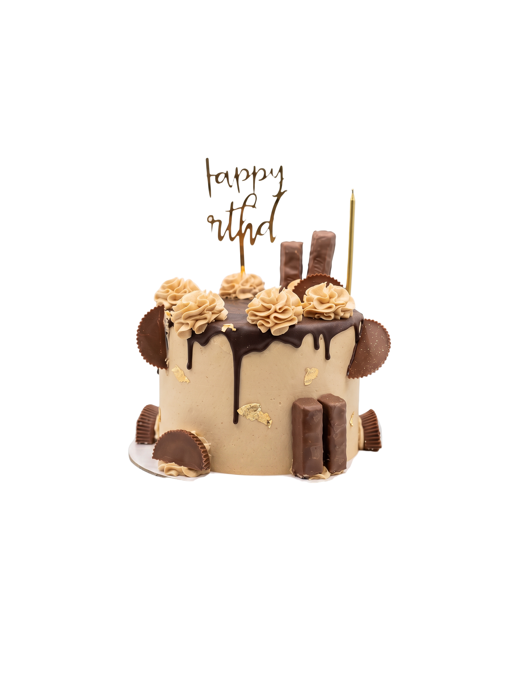 Peanut butter chocolate drip cake with Reese's cups and Kit Kats
