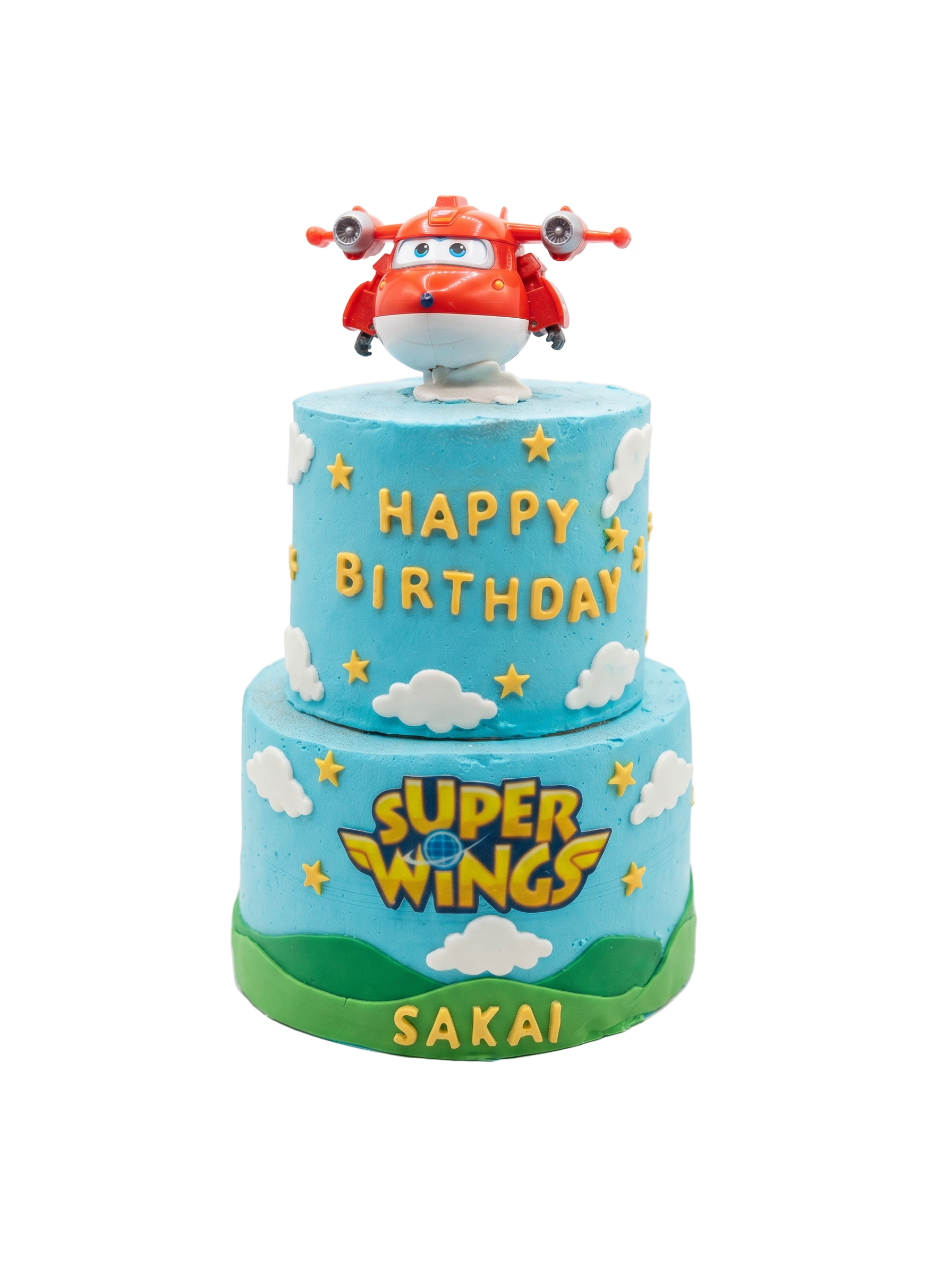 Two-tier Super Wings themed birthday cake with plane topper