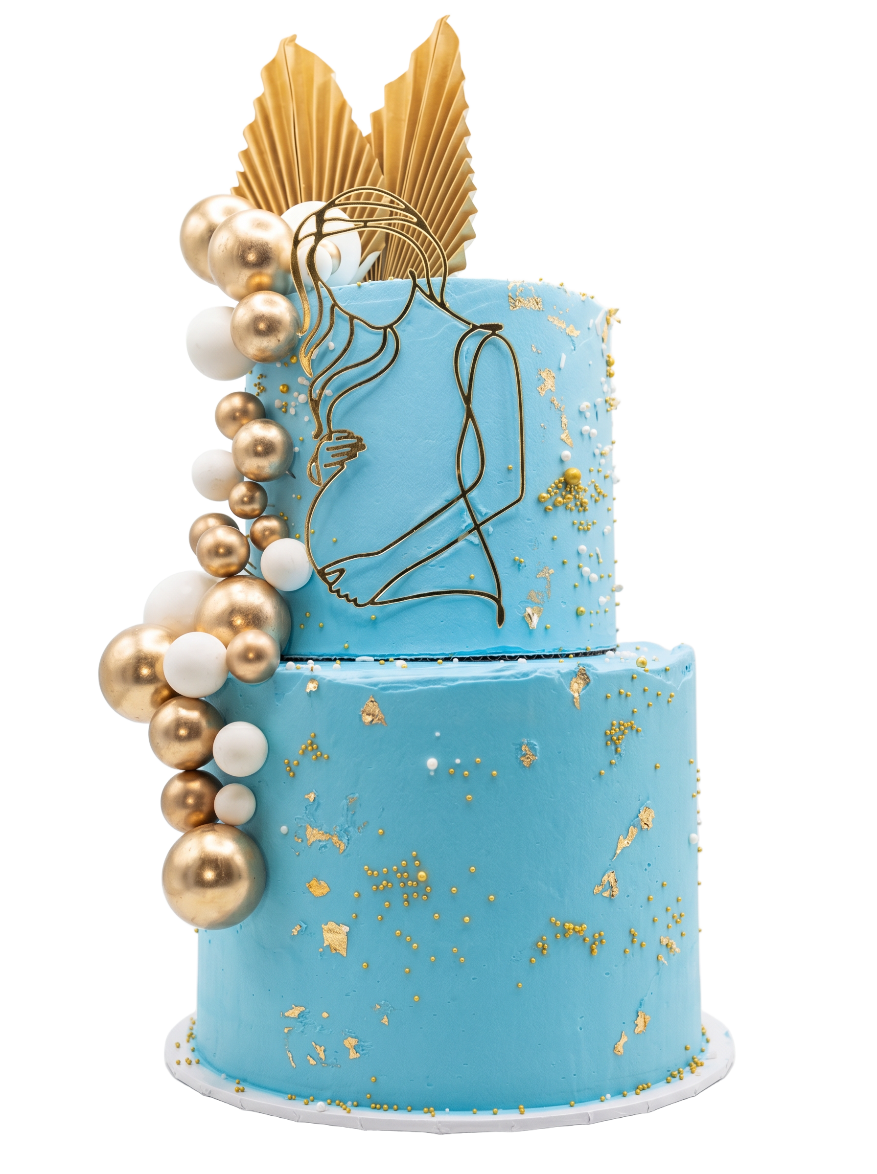 Two-tier blue baby shower cake with gold sphere garland and line-art topper