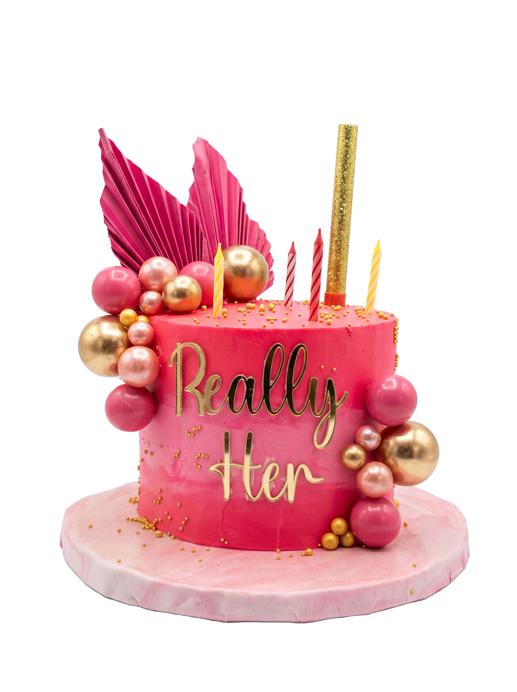 Hot pink 'Really Her' birthday cake with gold sphere garland
