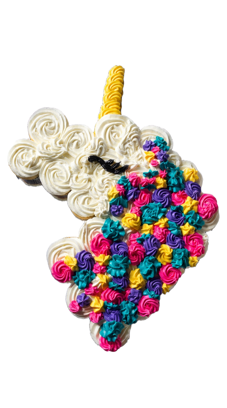 Unicorn pull-apart cupcake cake with rainbow mane and gold horn