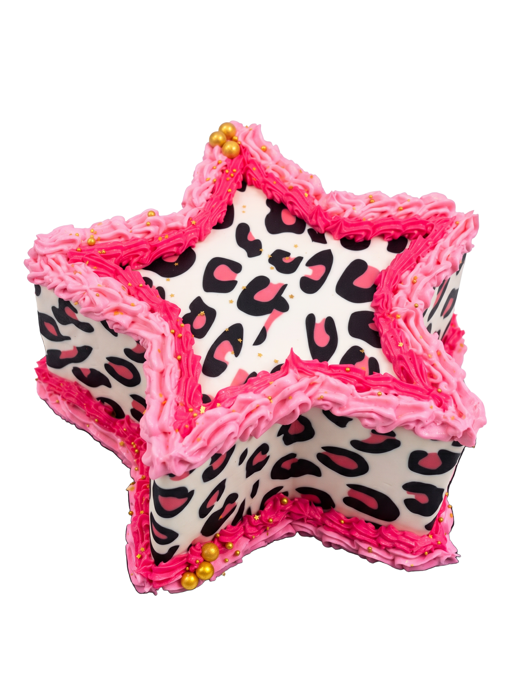 Hot pink star-shaped cake with leopard print panels and gold pearls