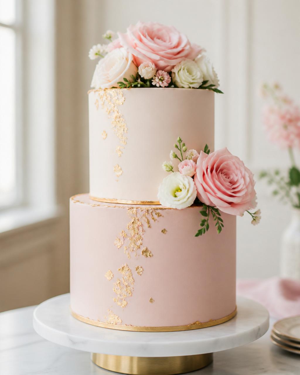 Two-tier blush and cream custom cake with fresh flowers on a marble stand