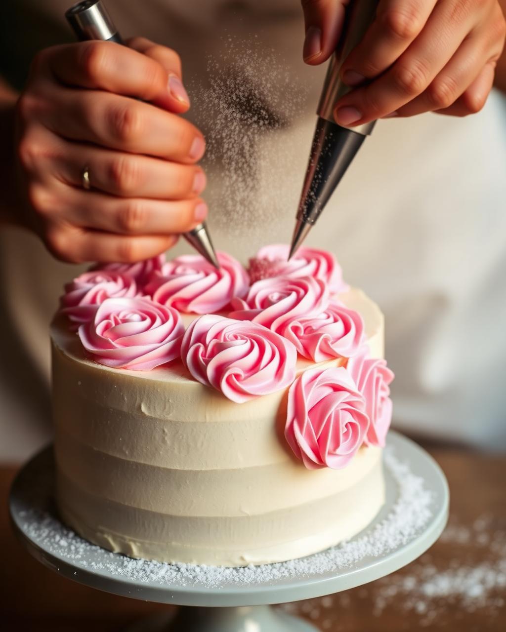 Baker piping delicate pink buttercream rosettes onto a cake